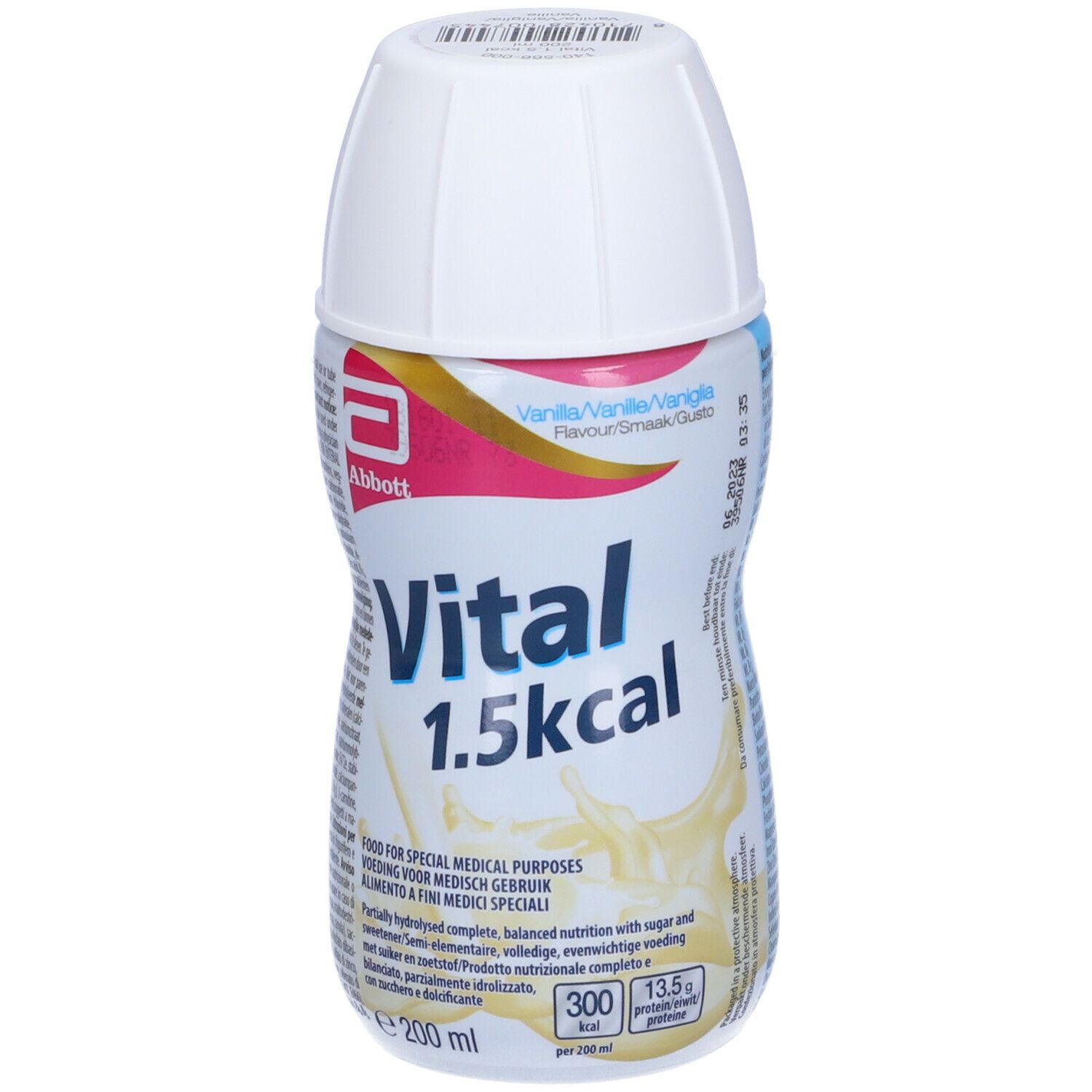 Bottiglia Abbott Vital 1.5 kcal Vaniglia, tappo bianco. Scritta: Vital 1.5 kcal, gusto vaniglia. 200 ml.