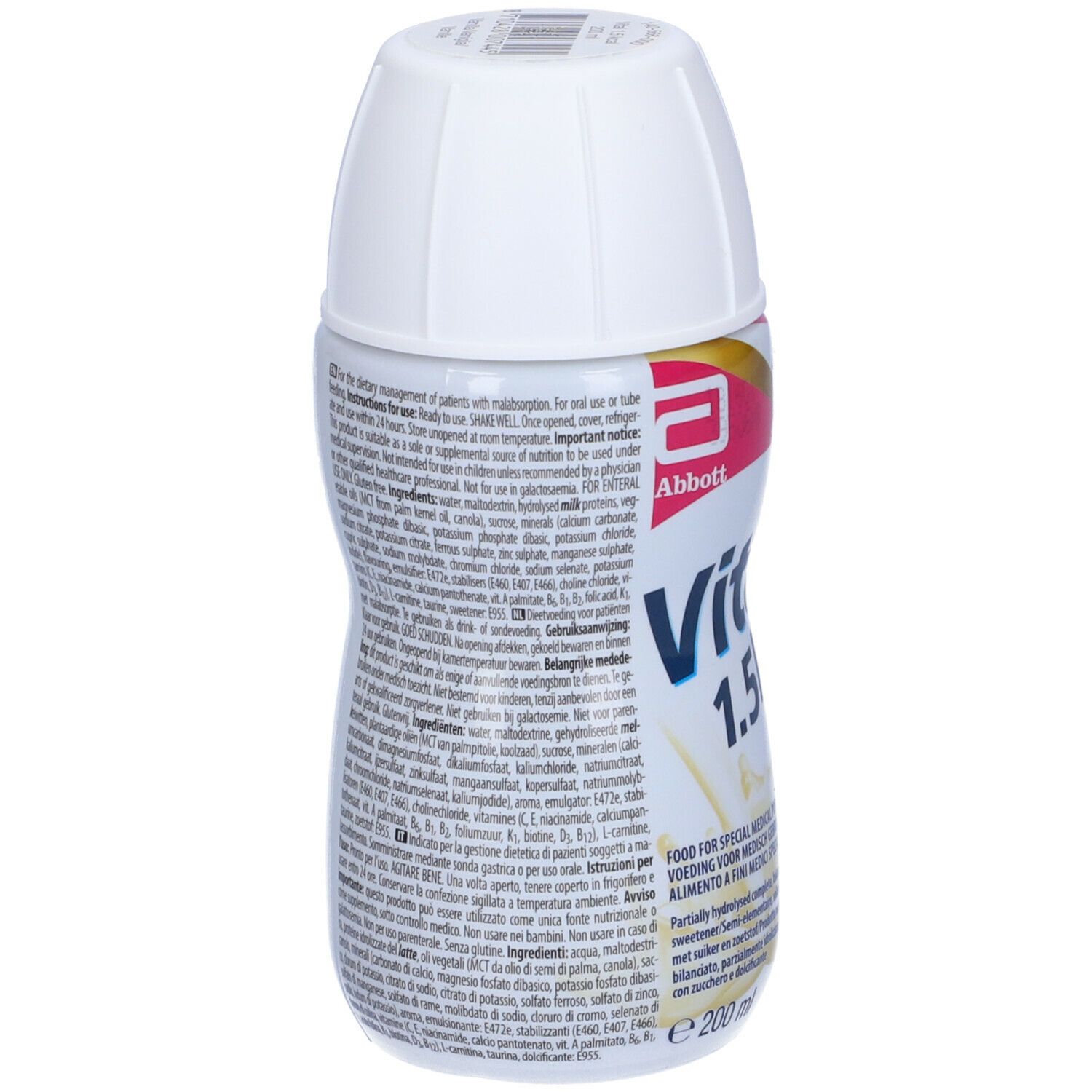 Bottiglia Abbott Vital 1.5 kcal Vaniglia con testo. Contiene informazioni sugli ingredienti e il valore nutrizionale. Tappo bianco.