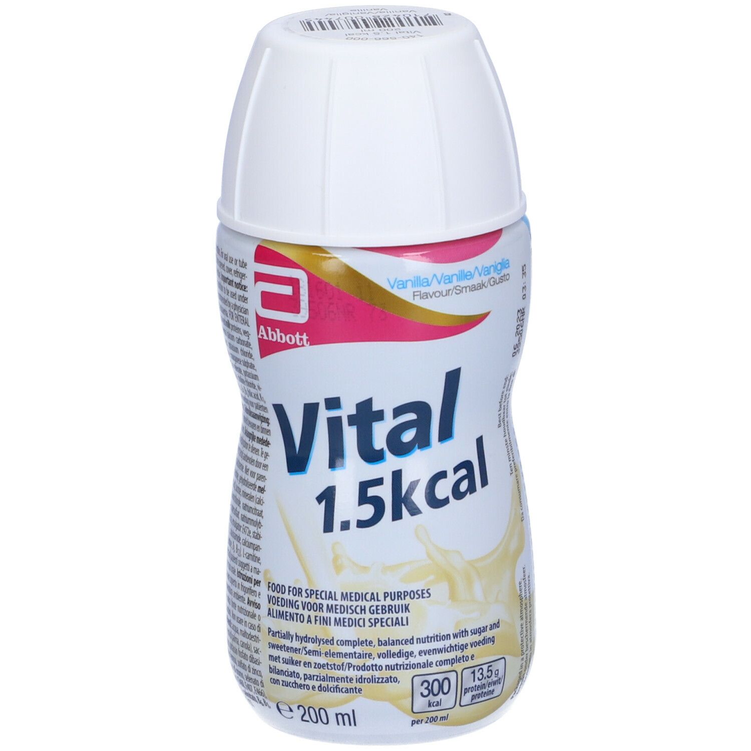 Bottiglia Abbott Vital 1.5 kcal Vaniglia, tappo bianco. Scritta: Vital 1.5 kcal, gusto vaniglia. 200 ml.