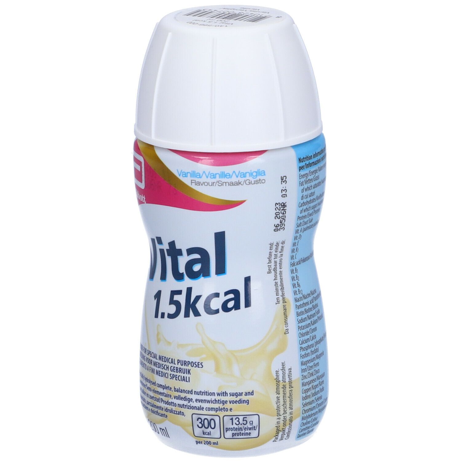 Bottiglia Abbott Vital 1.5 kcal Vaniglia, tappo bianco. Scritta: Vital 1.5 kcal, gusto vaniglia. 200 ml. Scadenza.