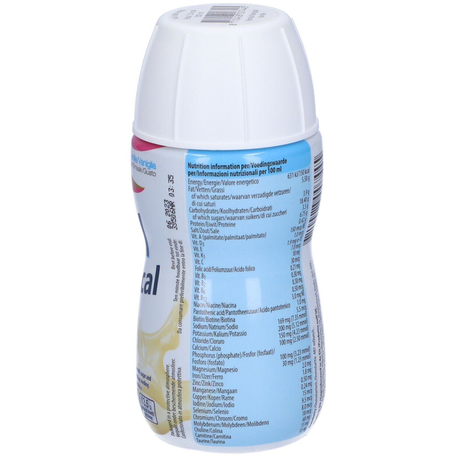 Abbott Vital 1.5 kcal Vaniglia, retro della bottiglia. Contiene informazioni nutrizionali. Tappo bianco. Testo con informazioni nutrizionali.