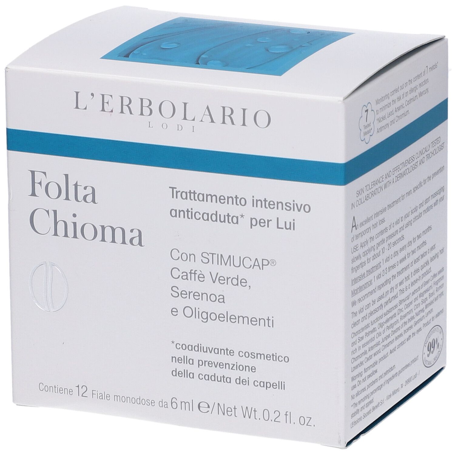 Scatola bianca con linea blu. Scritta: Folta Chioma, Trattamento intensivo anticaduta per Lui. Contiene 12 fiale.