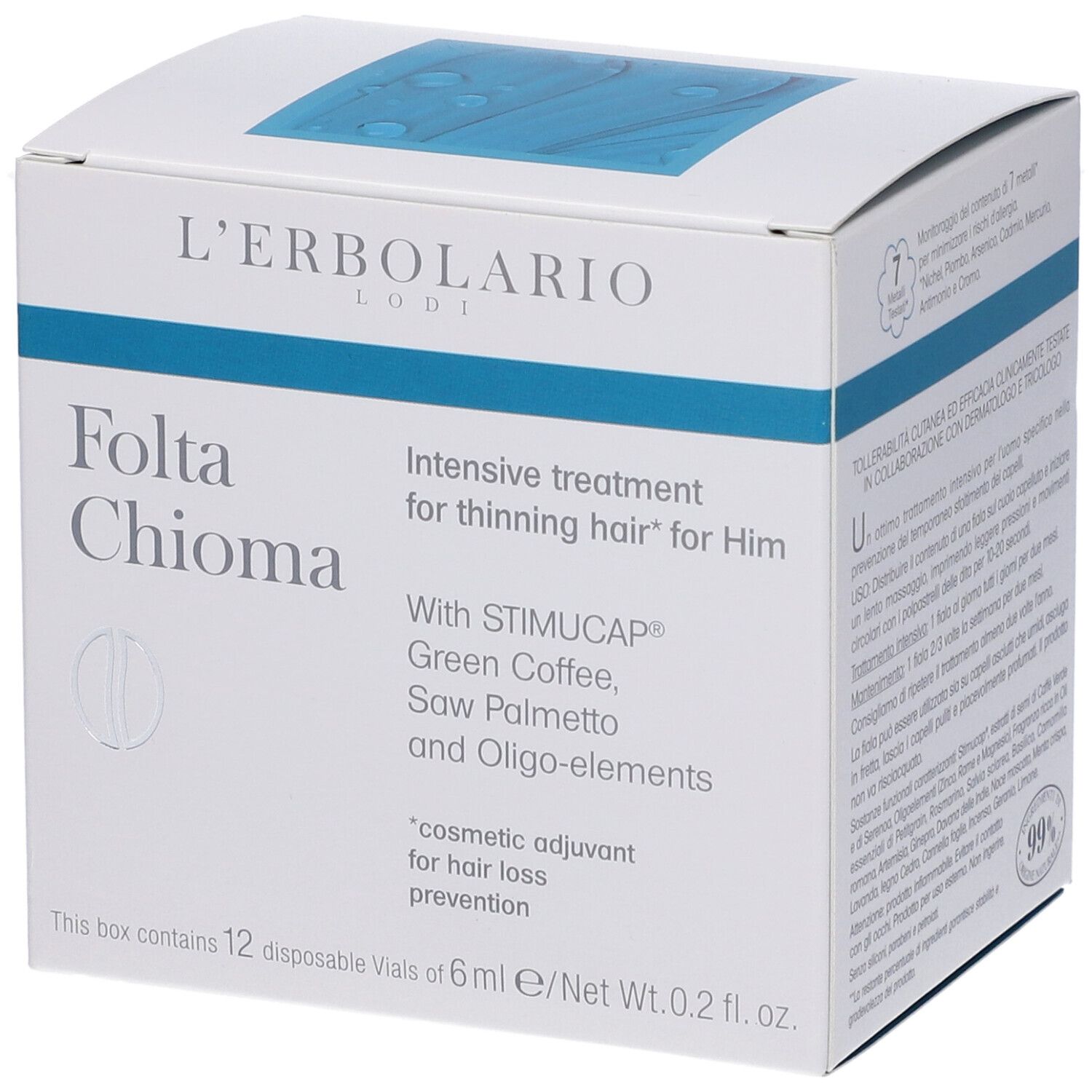 Scatola bianca con linea blu. Scritta: Folta Chioma, Intensive treatment for thinning hair for Him. Con ingredienti.