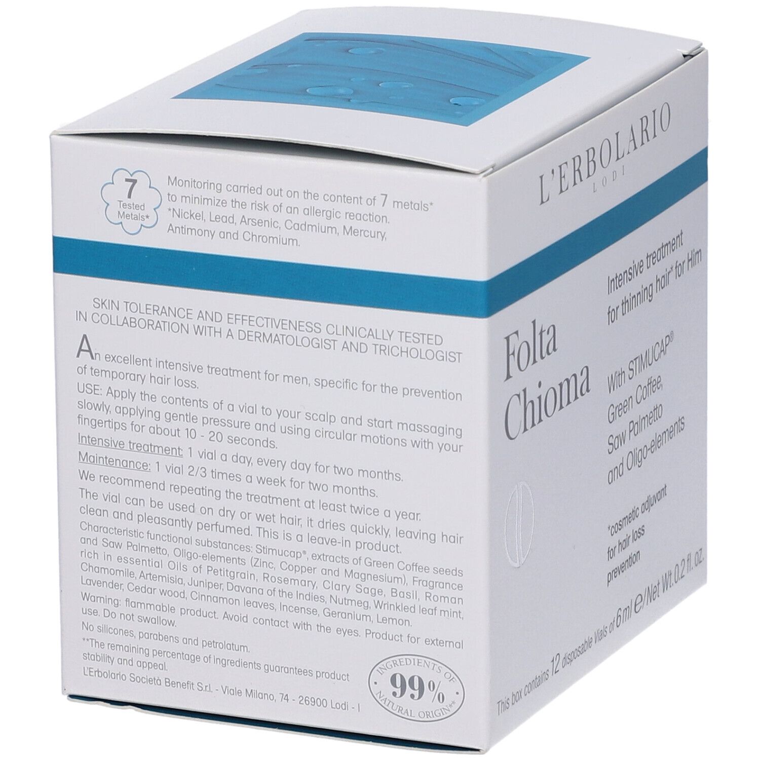Scatola bianca con linea blu. Scritta: Folta Chioma, Intensive treatment for thinning hair for Him. Con testo e ingredienti.