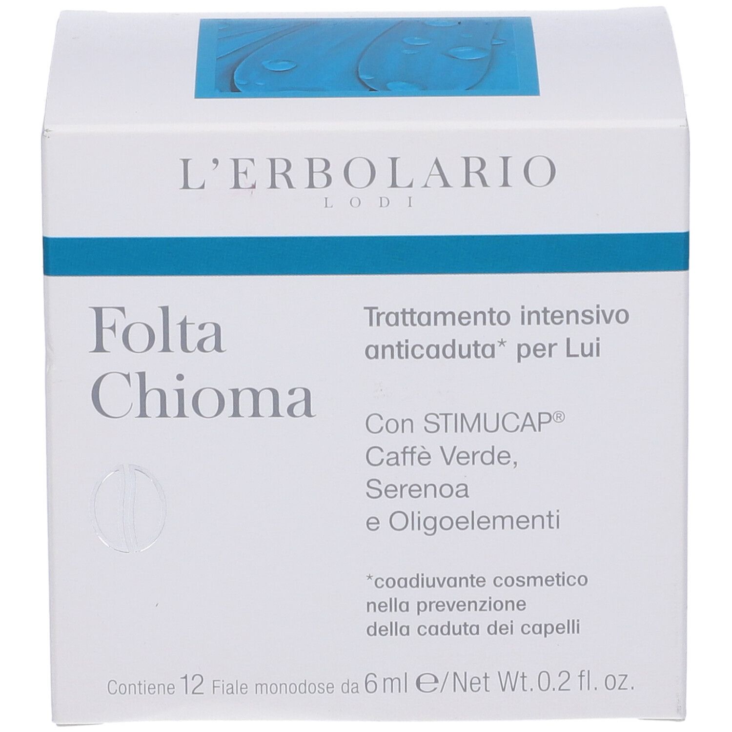 Scatola bianca con fascia blu. Scritta: Folta Chioma, Trattamento intensivo anticaduta per Lui. Con ingredienti.