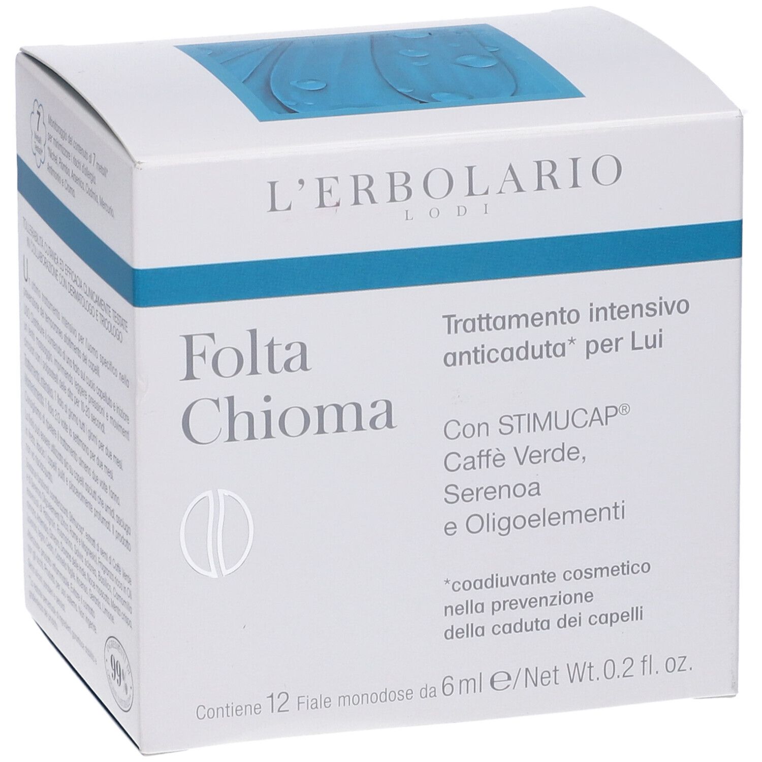 Scatola bianca con fascia blu. Scritta: Folta Chioma, Trattamento intensivo anticaduta per Lui. Con ingredienti.
