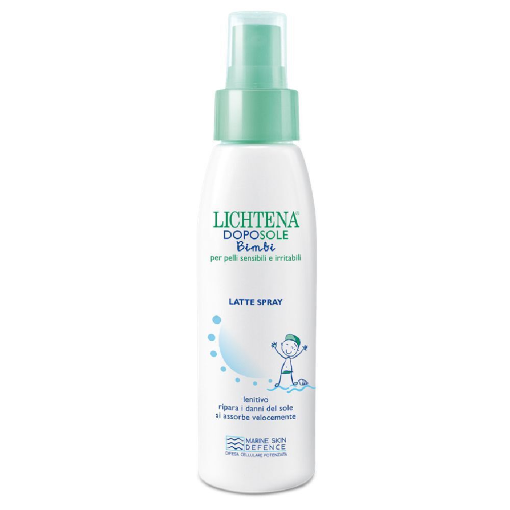 Flacone spray bianco con erogatore verde. Scritta: Lichtena Doposole Bimbi. Testo: Latte Spray. Illustrazione di un bambino.