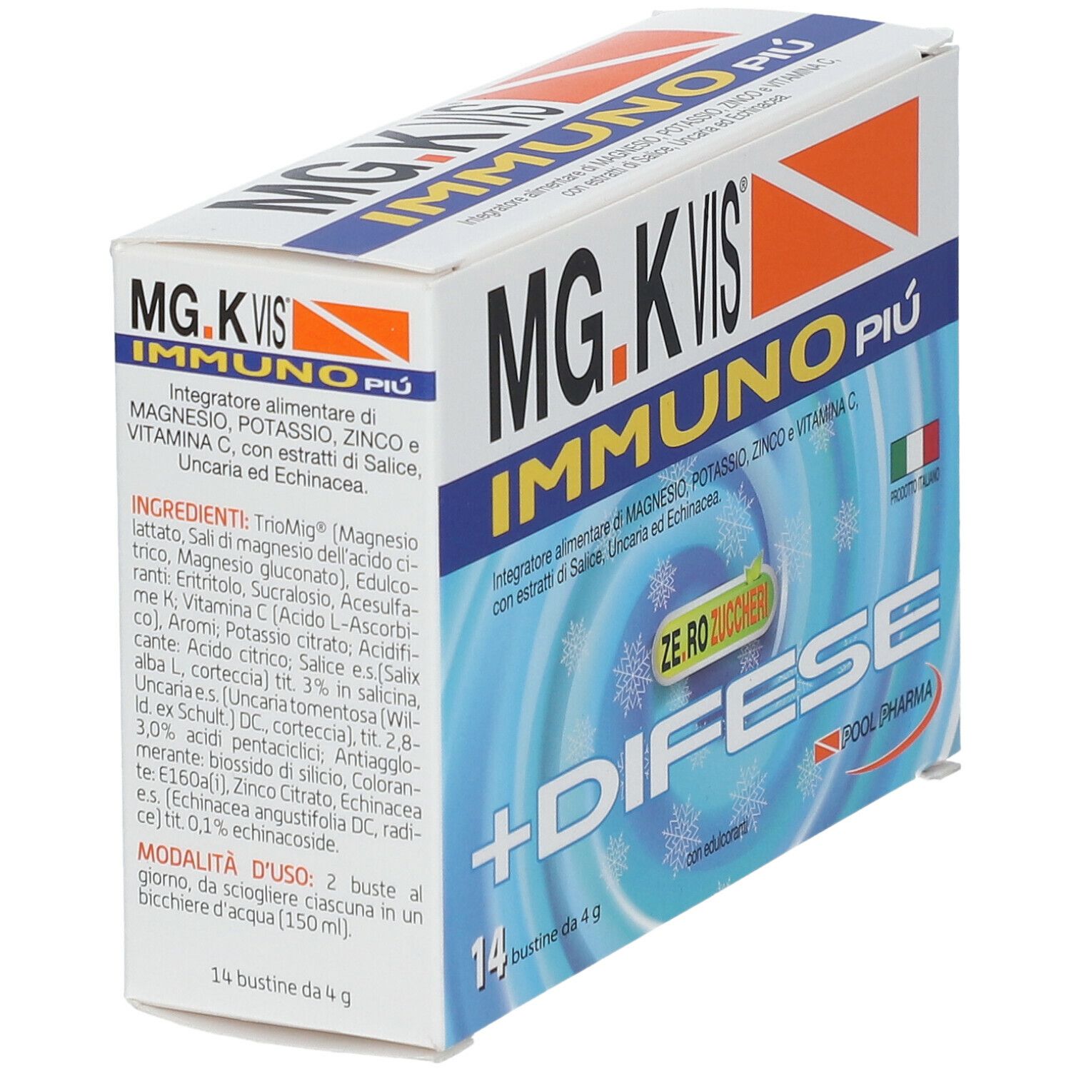 Scatola con stampa del prodotto. Testo: MG.K Vis Immuno Più, +Difese, 14 bustine. Con bandiera italiana e "Zero Zuccheri".