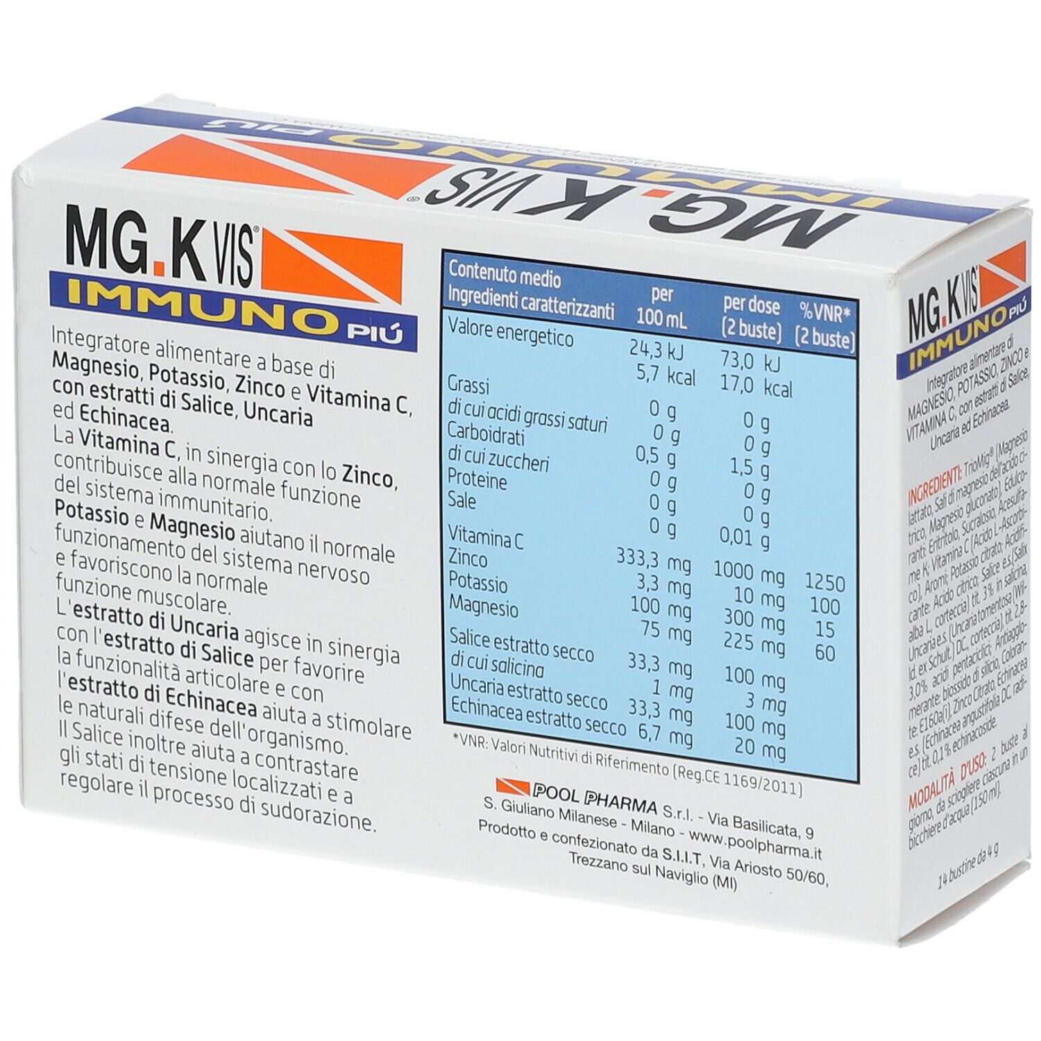 Scatola con informazioni sul prodotto. Testo: MG.K Vis Immuno Più. Ingredienti e informazioni nutrizionali. Con bandiera italiana.