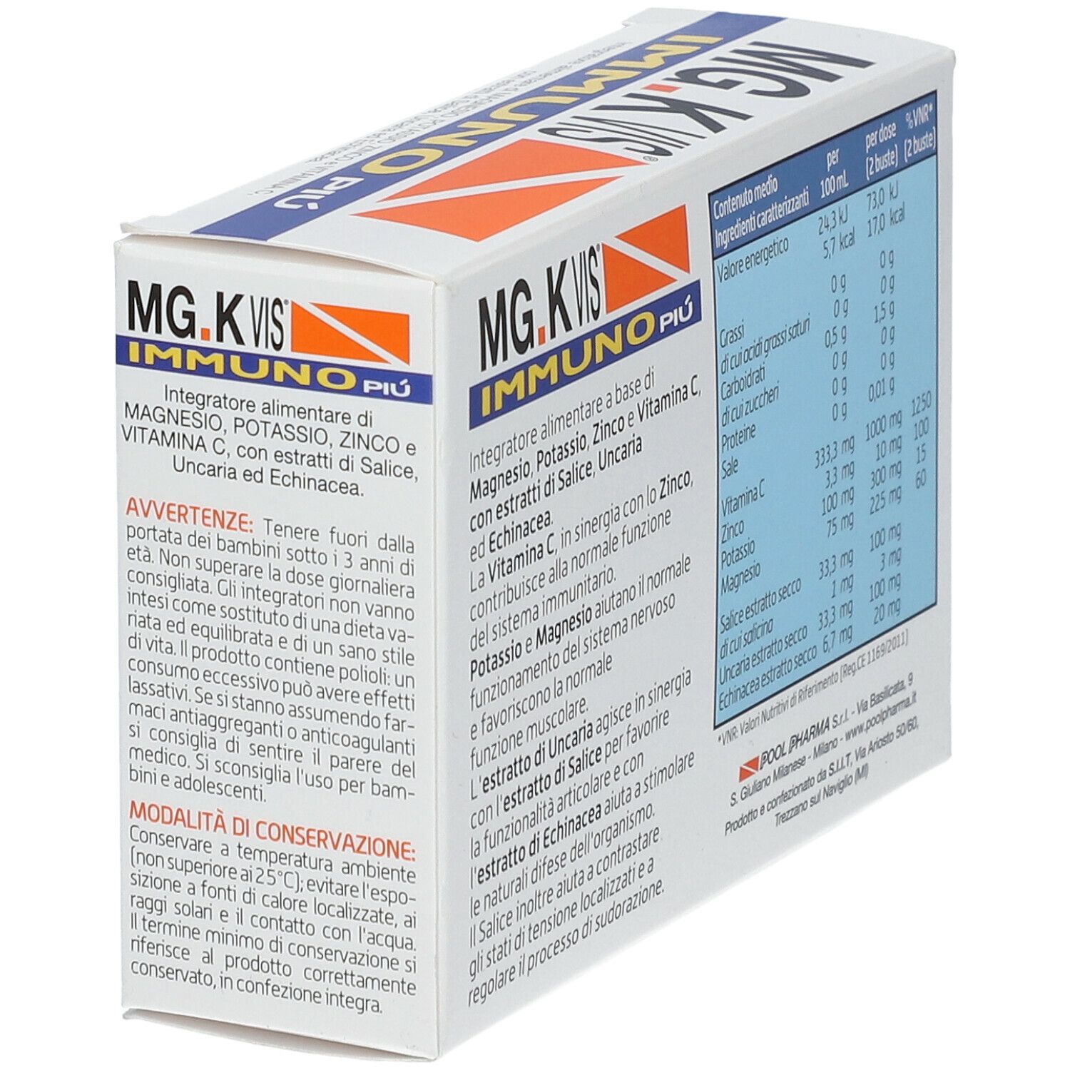Scatola con informazioni sul prodotto. Testo: MG.K Vis Immuno Più. Avvertenze e informazioni nutrizionali. Con bandiera italiana.