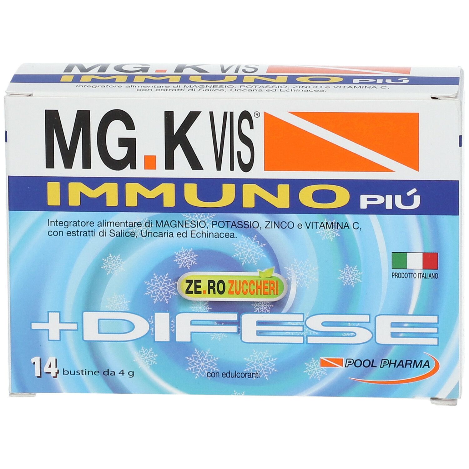 Scatola con stampa del prodotto. Testo: MG.K Vis Immuno Più, +Difese, 14 bustine. Con bandiera italiana e "Zero Zuccheri".