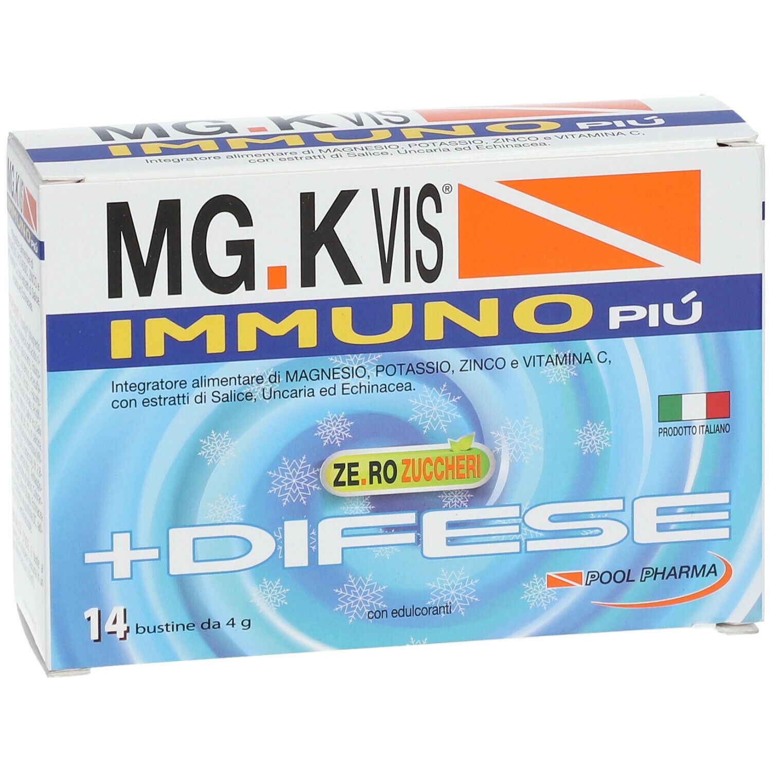 Scatola con stampa del prodotto. Testo: MG.K Vis Immuno Più, +Difese, 14 bustine. Con bandiera italiana e "Zero Zuccheri".