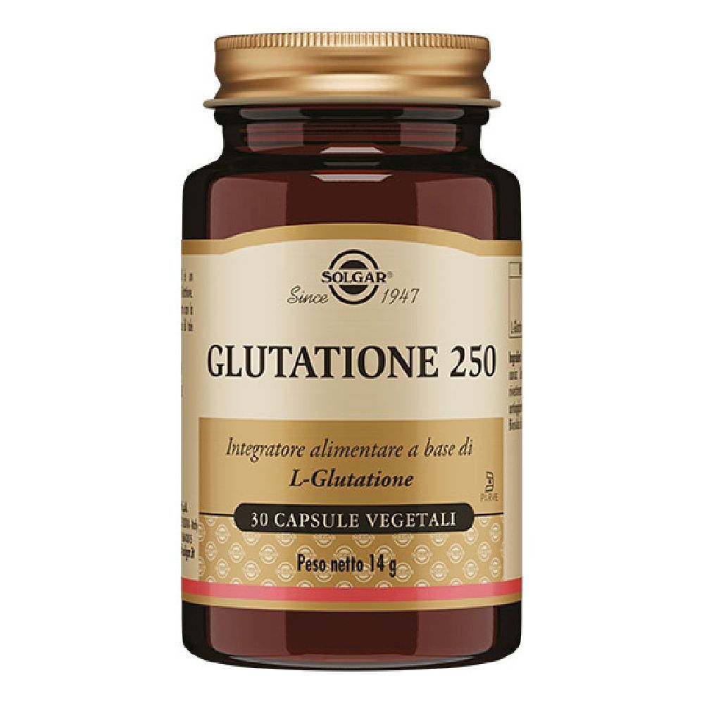 Flacone di vetro marrone con tappo dorato. Scritta: SOLGAR Glutatione 250, 30 capsule. Etichetta con informazioni sul prodotto.