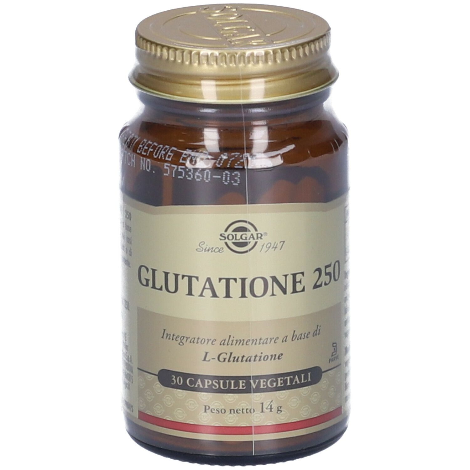 Flacone di vetro marrone con tappo dorato. Scritta: SOLGAR Glutatione 250, 30 capsule. Etichetta con informazioni sul prodotto.