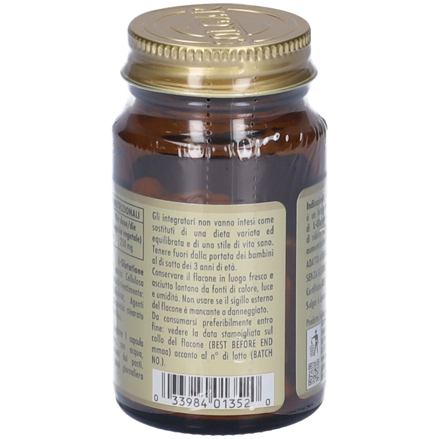 Retro di un flacone di vetro marrone con tappo dorato. Etichetta con informazioni sul prodotto e codice QR.