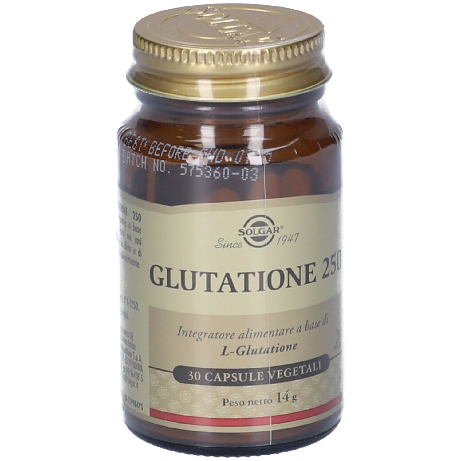 Flacone di vetro marrone con tappo dorato. Scritta: SOLGAR Glutatione 250, 30 capsule. Etichetta con informazioni sul prodotto.