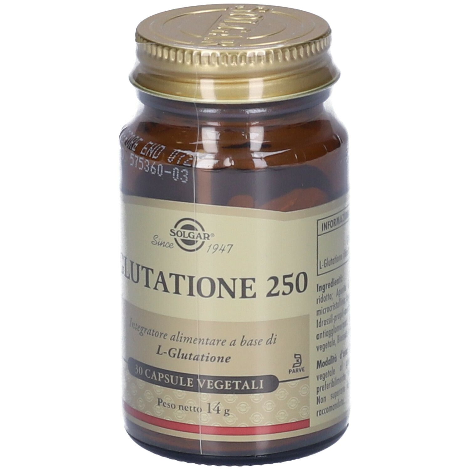 Flacone di vetro marrone con tappo dorato. Scritta: SOLGAR Glutatione 250, 30 capsule. Etichetta con informazioni sul prodotto.