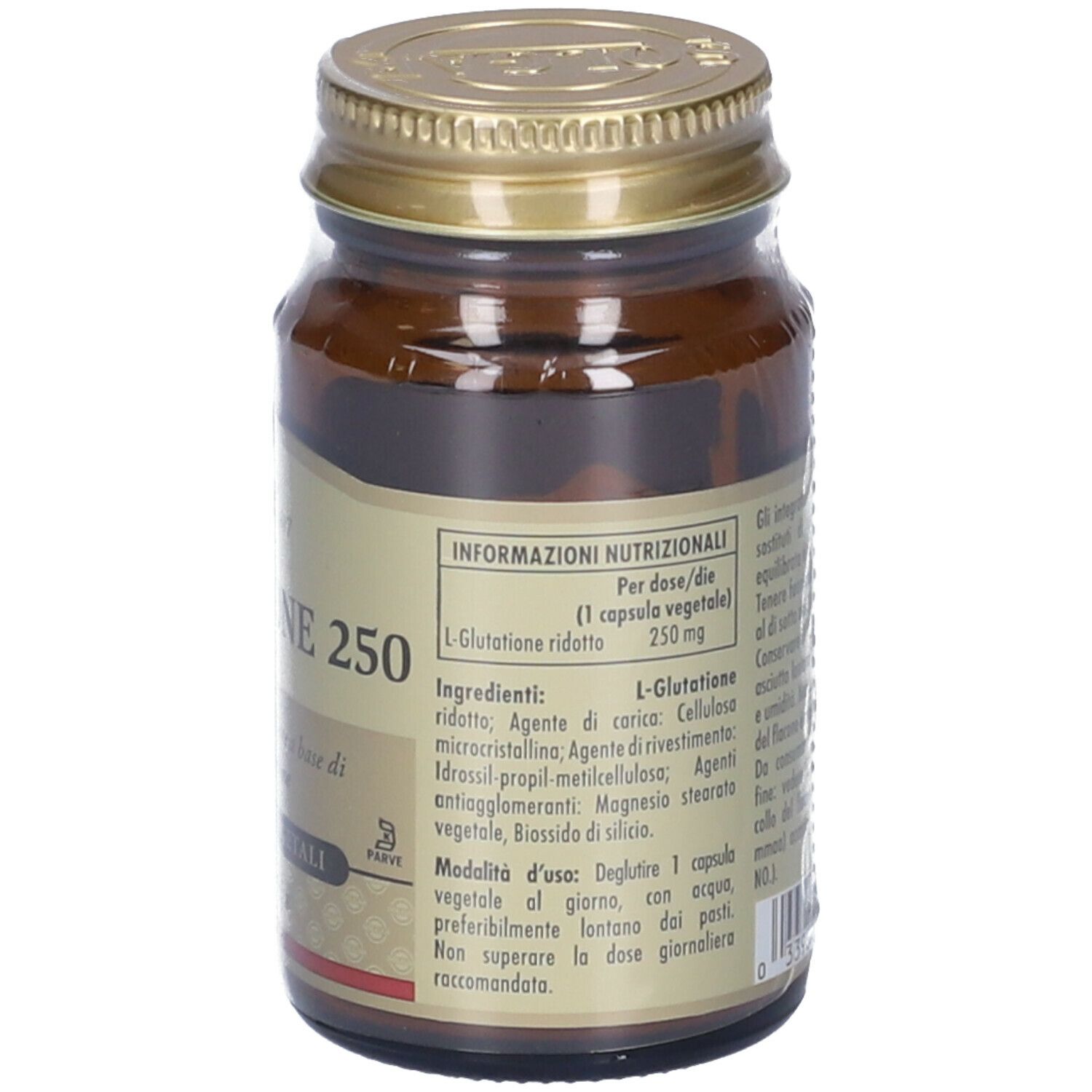 Flacone di vetro marrone con tappo dorato. Scritta: SOLGAR Glutatione 250. Etichetta con informazioni nutrizionali e ingredienti.