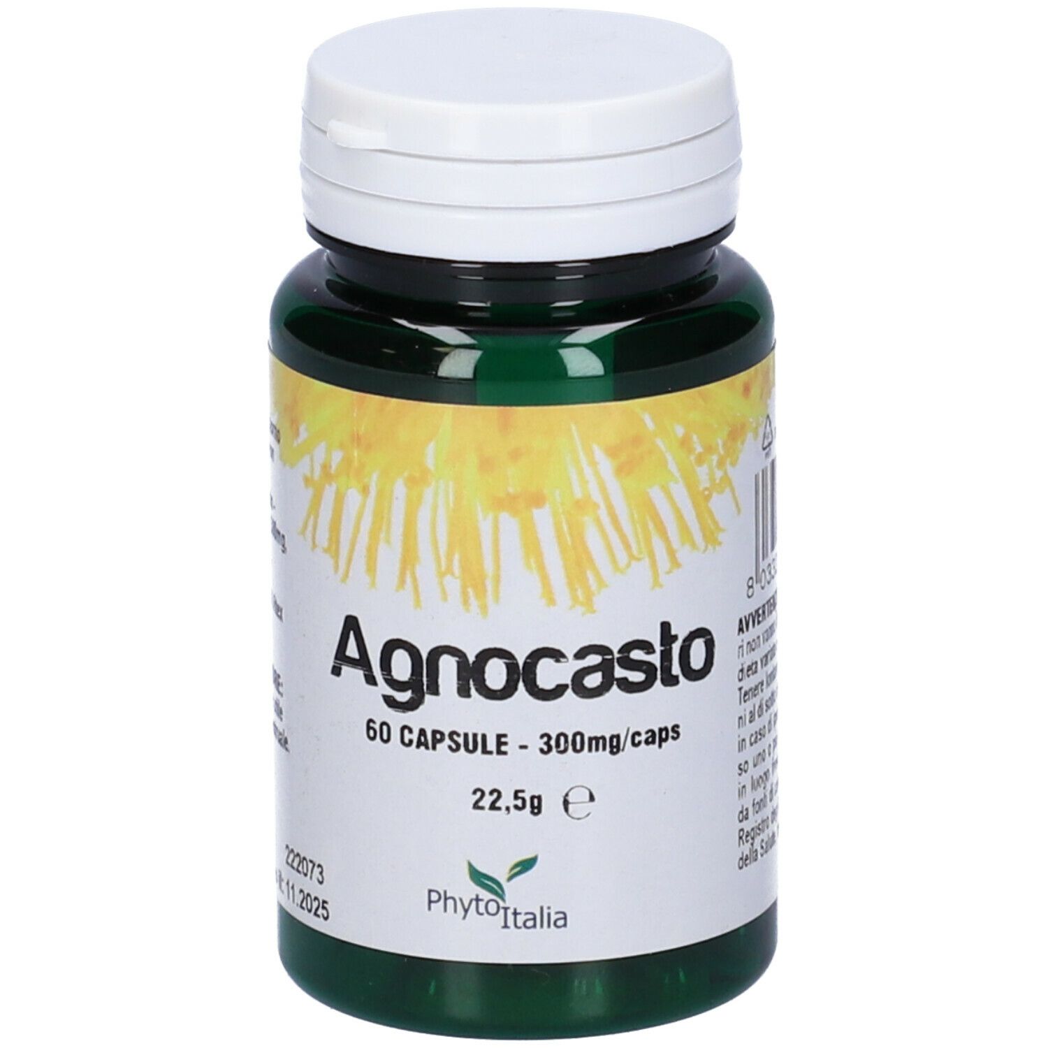 Flacone verde Agnocasto, 60 capsule, 300mg/caps, 22,5g. Marca: PhytoItalia.