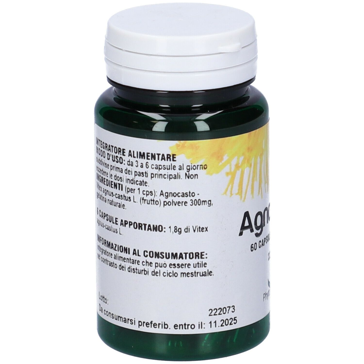Flacone verde Agnocasto, 60 capsule. Testo sul retro.