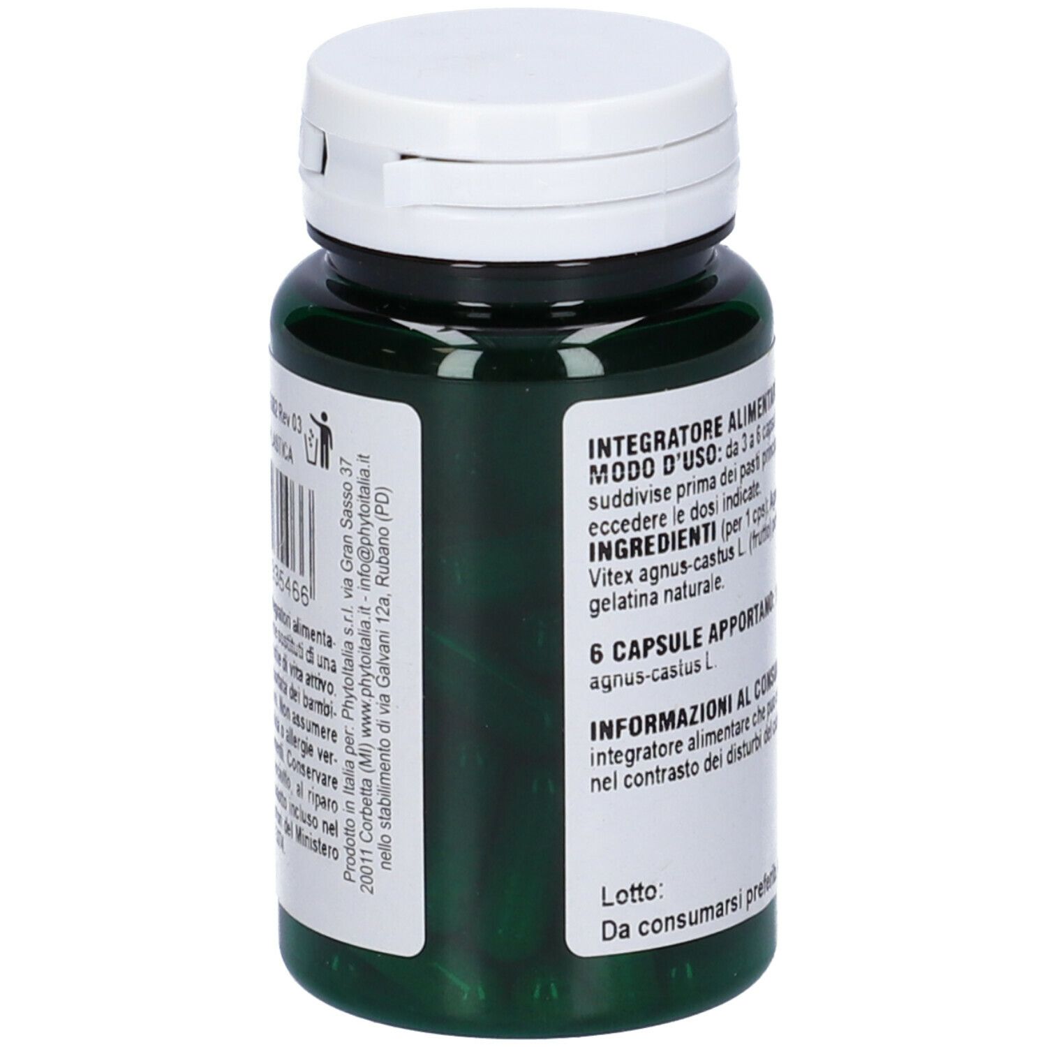 Flacone verde Agnocasto, 60 capsule. Testo sul retro.