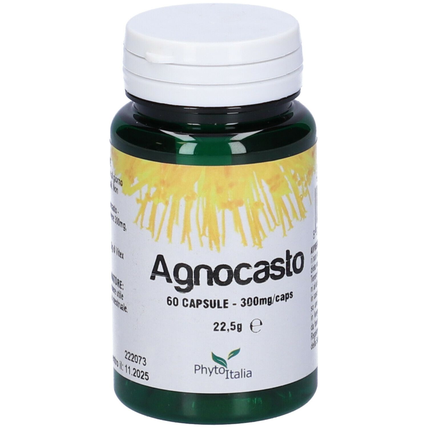 Flacone verde Agnocasto, 60 capsule, 300mg/caps, 22,5g. Marca: PhytoItalia.