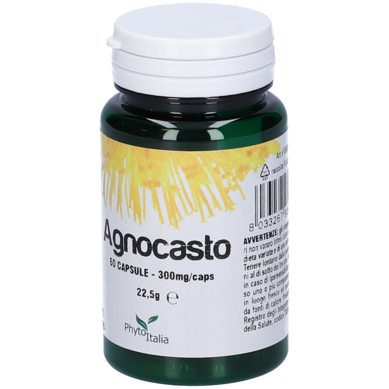 Flacone verde Agnocasto, 60 capsule, 300mg/caps, 22,5g. Marca: PhytoItalia.