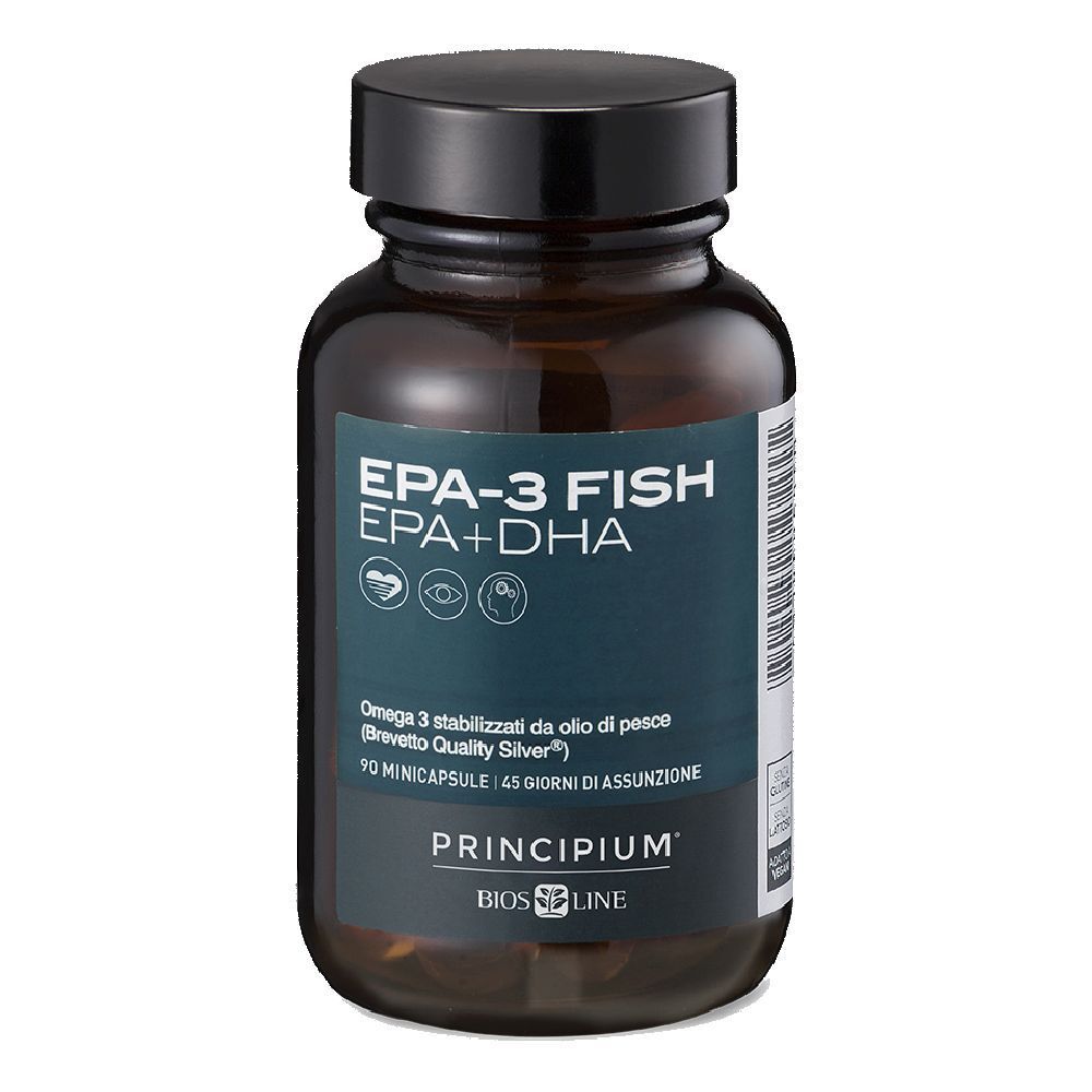 Flacone di vetro marrone con tappo nero. Etichetta EPA-3 FISH, EPA+DHA, PRINCIPIUM e BIOS LINE. 90 minicapsule.