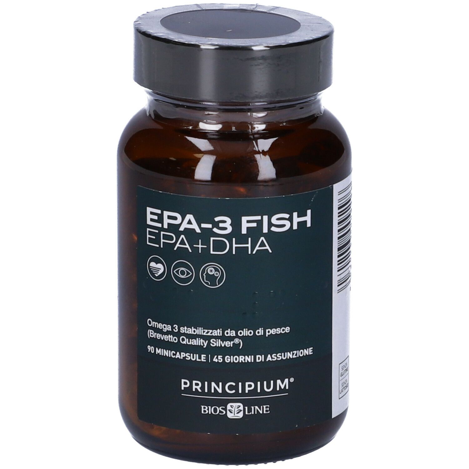 Flacone di vetro marrone con tappo nero. Etichetta EPA-3 FISH, EPA+DHA, PRINCIPIUM e BIOS LINE. 90 minicapsule.