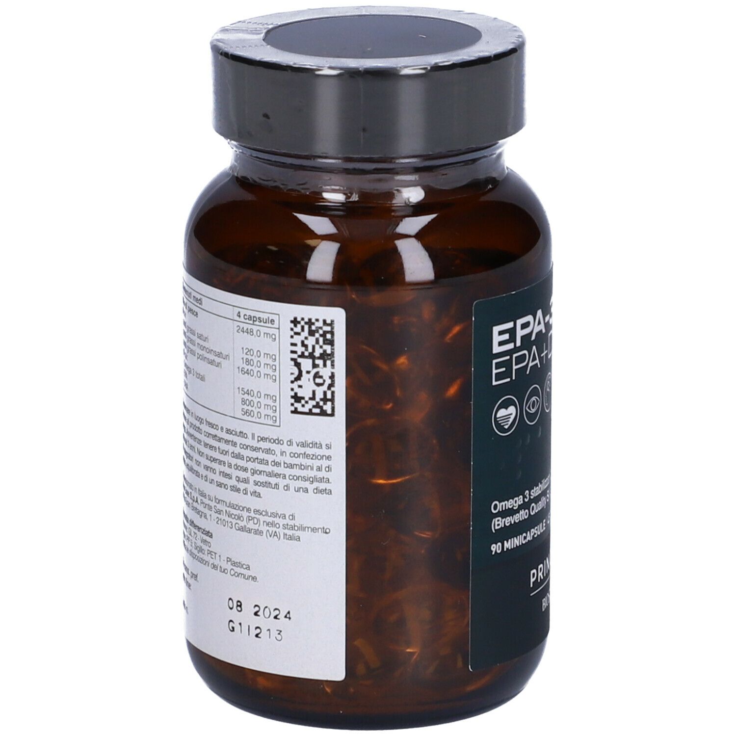 Flacone di vetro marrone con tappo nero. Etichetta EPA-3 FISH, EPA+DHA, PRINCIPIUM e BIOS LINE. Retro con testo e QR code.
