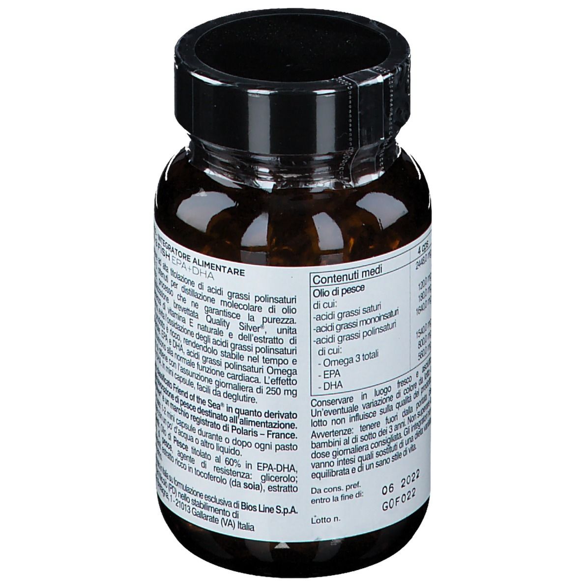 Flacone di vetro marrone con tappo nero. Etichetta EPA-3 FISH, EPA+DHA, PRINCIPIUM e BIOS LINE. Retro con ingredienti.