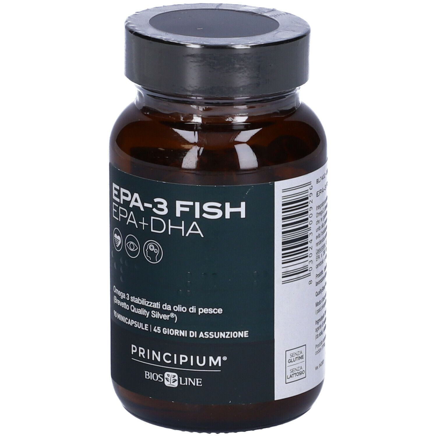 Flacone di vetro marrone con tappo nero. Etichetta EPA-3 FISH, EPA+DHA, PRINCIPIUM e BIOS LINE. 90 minicapsule.