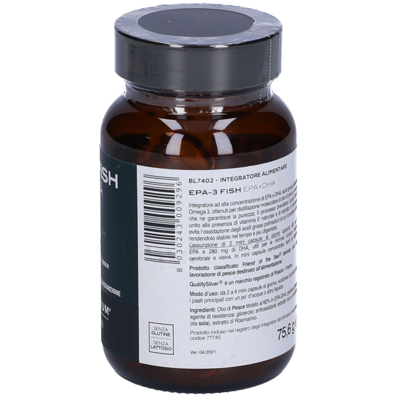 Flacone di vetro marrone con tappo nero. Etichetta EPA-3 FISH, EPA+DHA, PRINCIPIUM e BIOS LINE. Retro con testo.