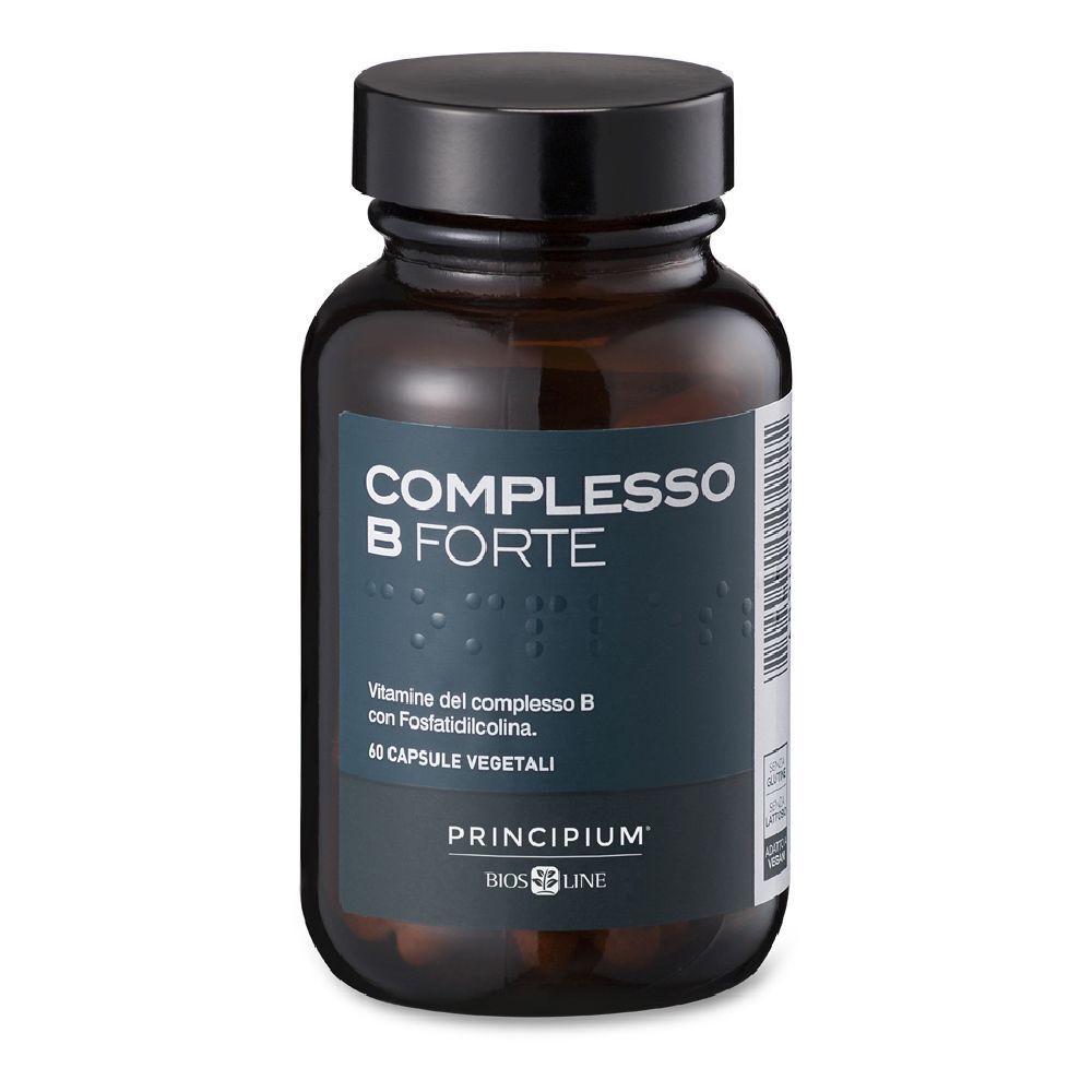 Flacone di vetro marrone con tappo nero. Scritta: COMPLESSO B FORTE. Marchio: PRINCIPIUM. 60 capsule.