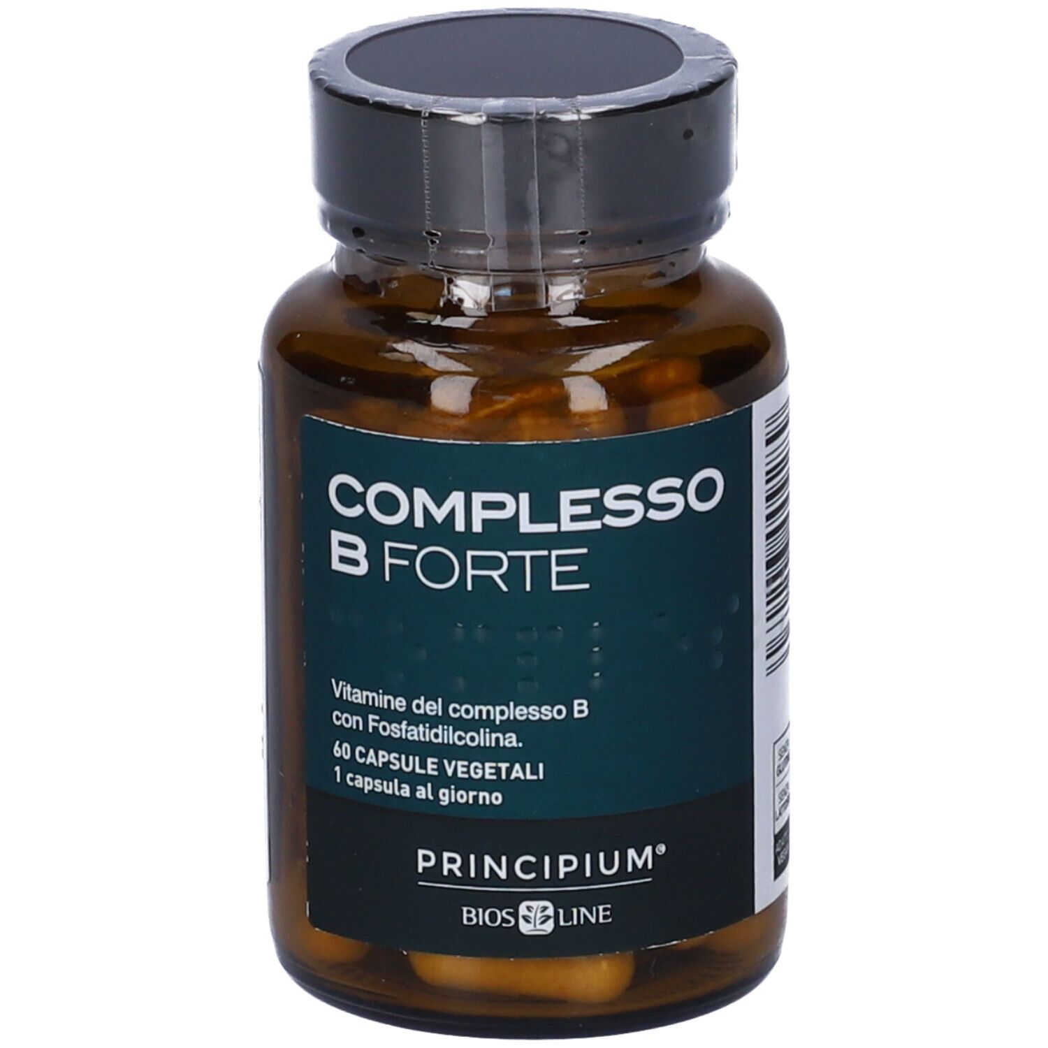 Flacone di vetro marrone con tappo nero. Scritta: COMPLESSO B FORTE. Marchio: PRINCIPIUM. 60 capsule.