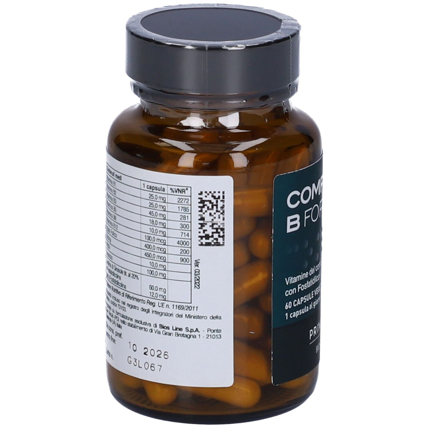 Flacone di vetro marrone con tappo nero. Scritta: COMPLESSO B FORTE. 60 capsule. Retro con informazioni nutrizionali.