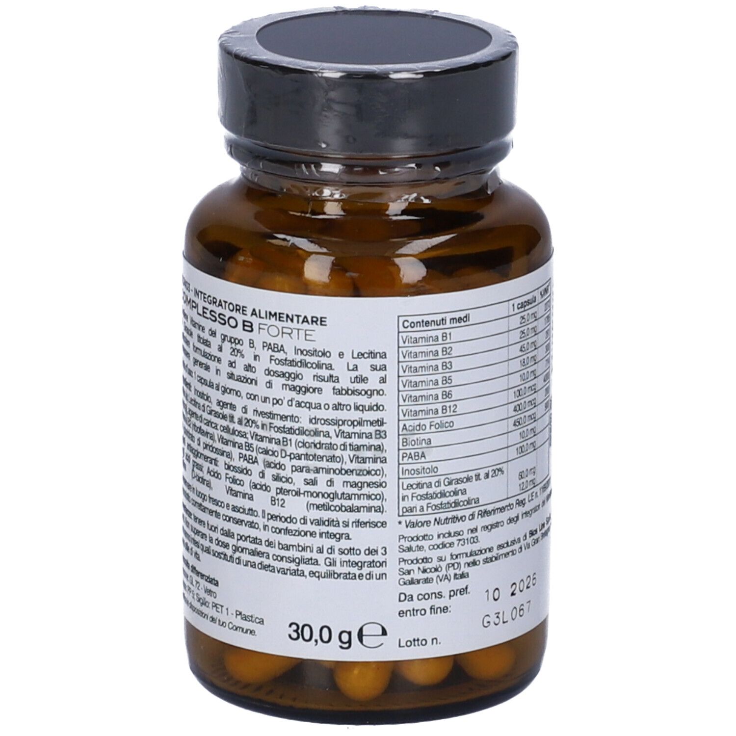 Flacone di vetro marrone con tappo nero. Scritta: COMPLESSO B FORTE. 60 capsule. Retro con ingredienti.