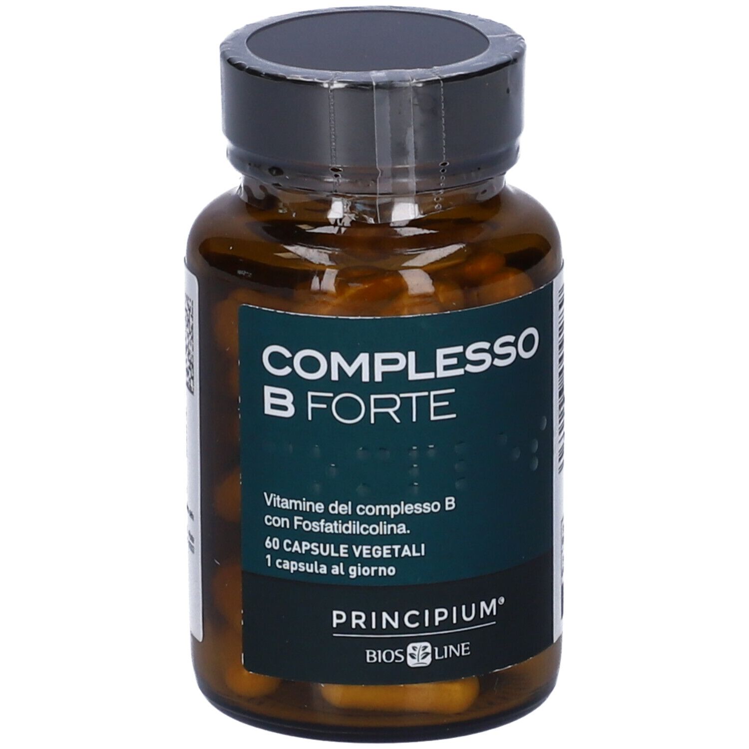 Flacone di vetro marrone con tappo nero. Scritta: COMPLESSO B FORTE. Marchio: PRINCIPIUM. 60 capsule.