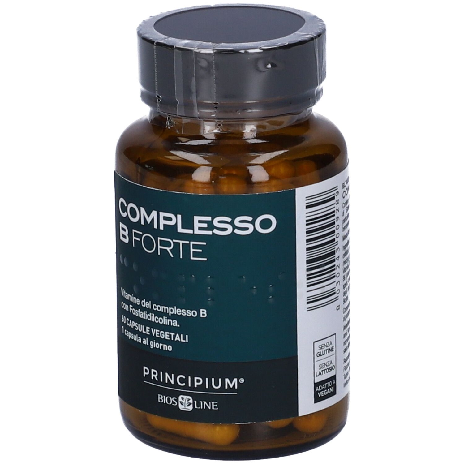 Flacone di vetro marrone con tappo nero. Scritta: COMPLESSO B FORTE. Marchio: PRINCIPIUM. 60 capsule.