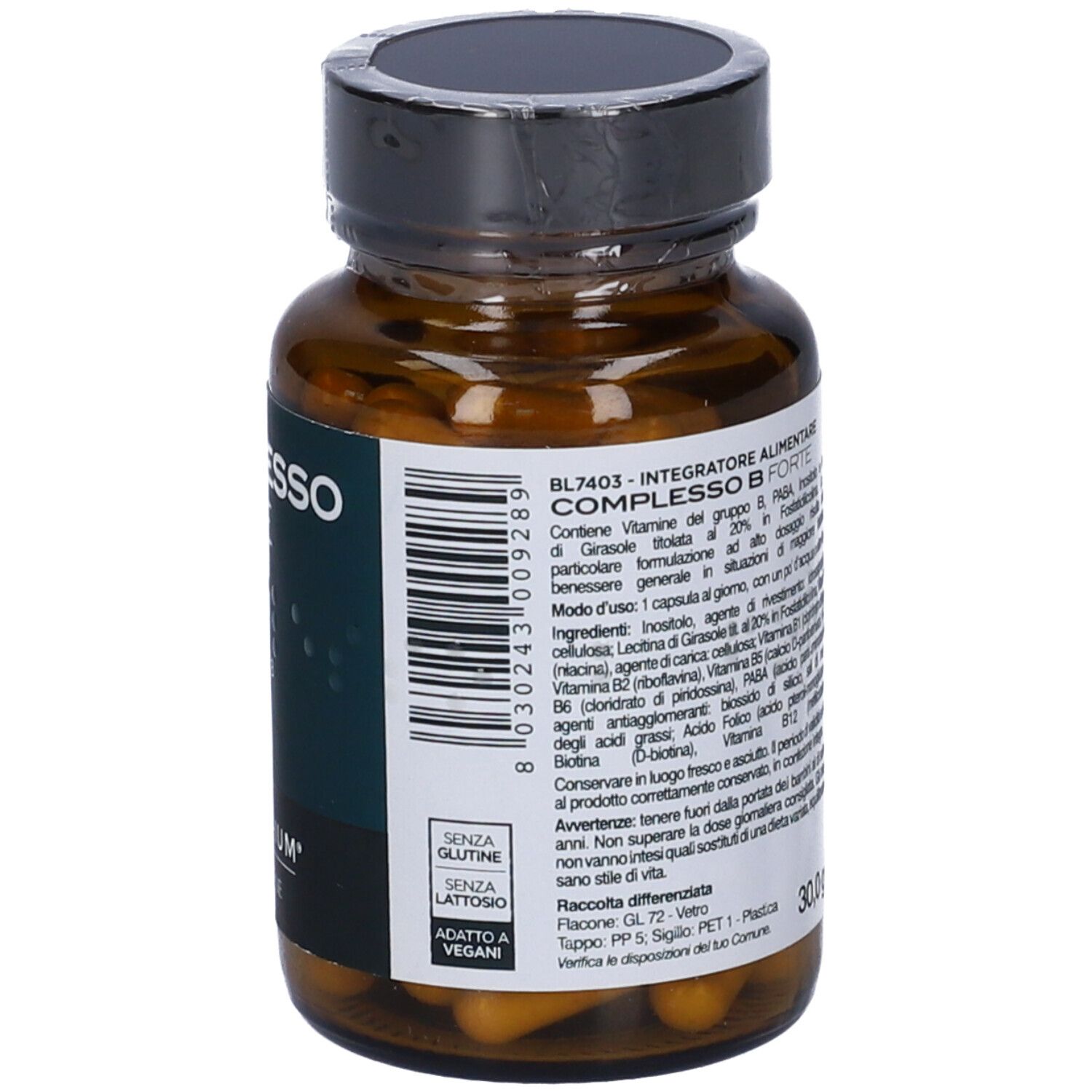 Flacone di vetro marrone con tappo nero. Scritta: COMPLESSO B FORTE. Marchio: PRINCIPIUM. 60 capsule. Senza glutine.