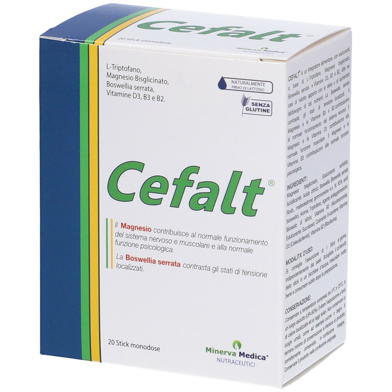 Scatola "Cefalt" con logo e ingredienti. Contiene 20 stick monodose. Marca: Minerva Medica Nutraceutica.