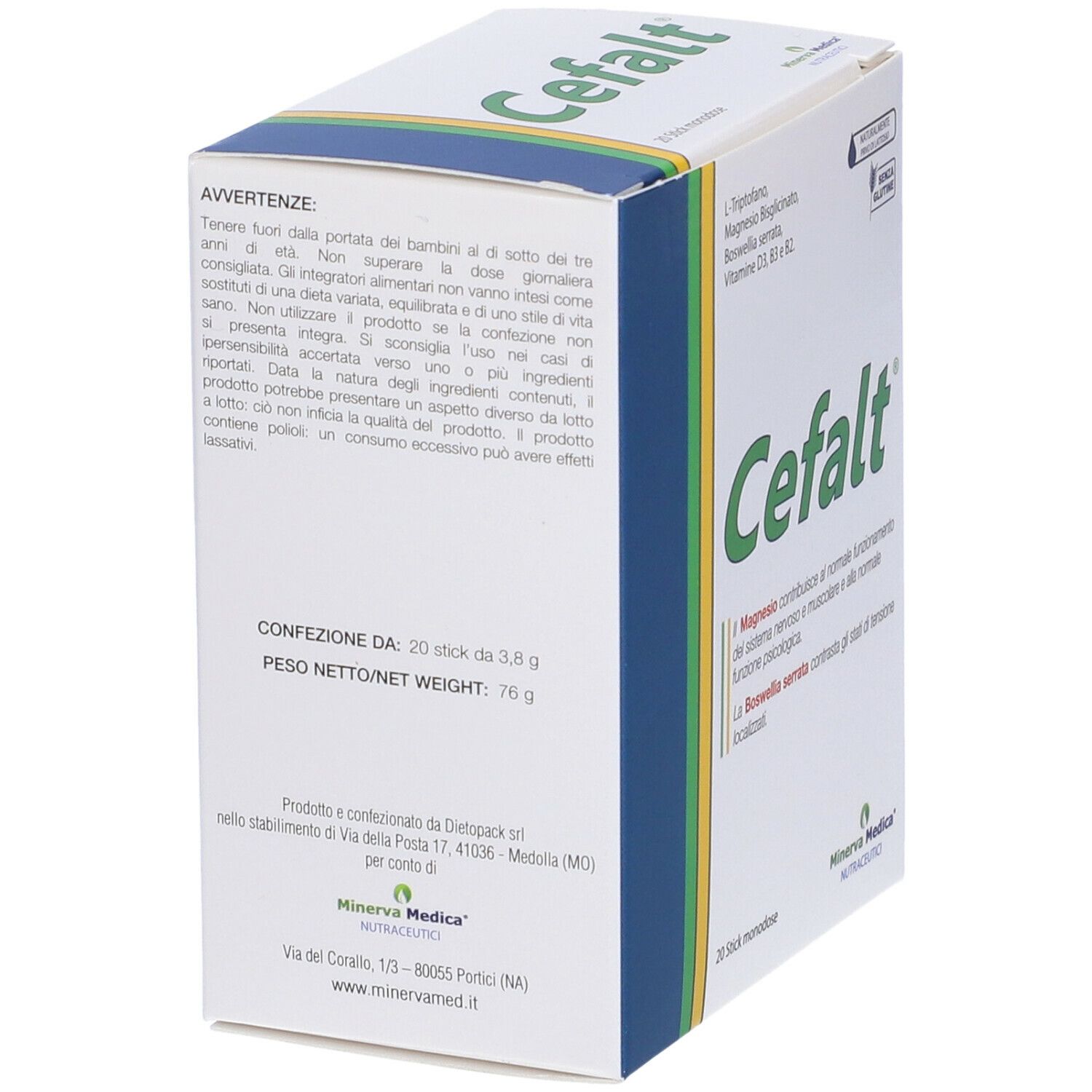 Scatola "Cefalt" con informazioni e avvertenze. Contiene 20 stick. Marca: Minerva Medica.