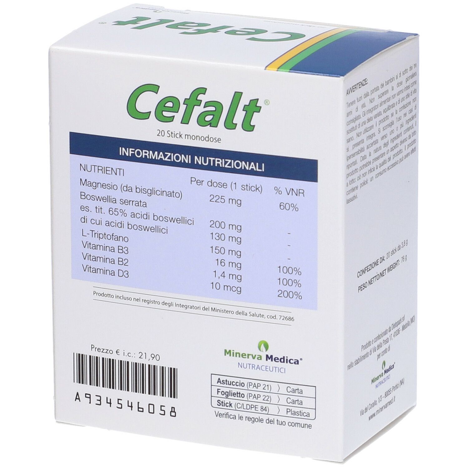 Scatola "Cefalt" con informazioni nutrizionali. Contiene 20 stick. Marca: Minerva Medica Nutraceutica.