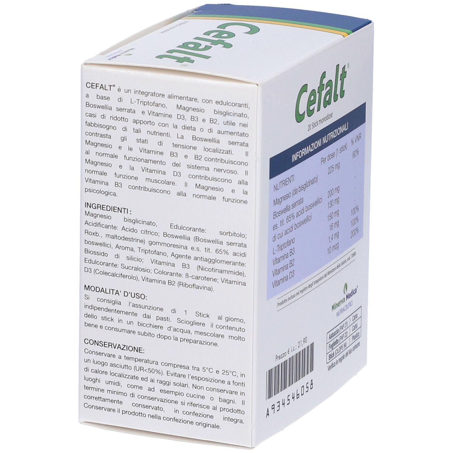 Scatola "Cefalt" con ingredienti e modalità d'uso. Marca: Minerva Medica Nutraceutica.
