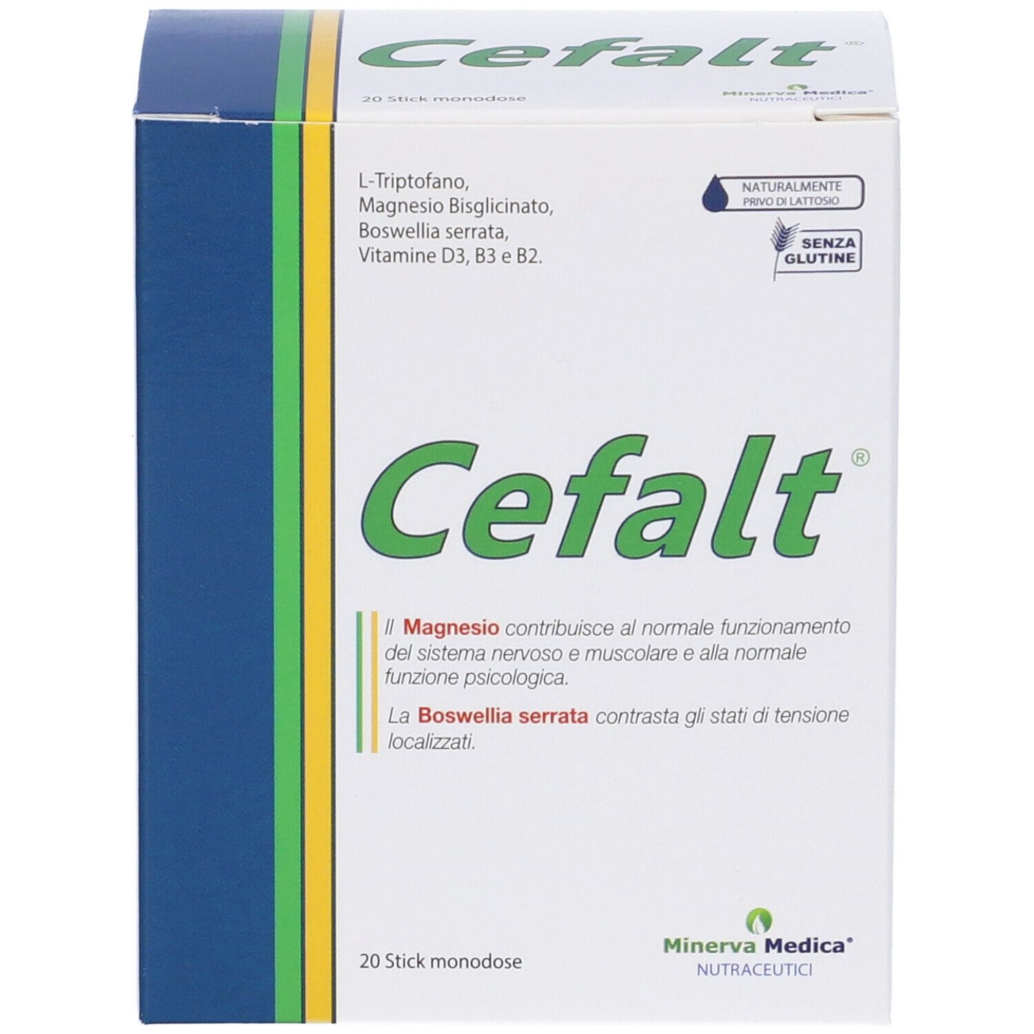 Scatola "Cefalt" con logo e ingredienti. Contiene 20 stick. Marca: Minerva Medica Nutraceutica.