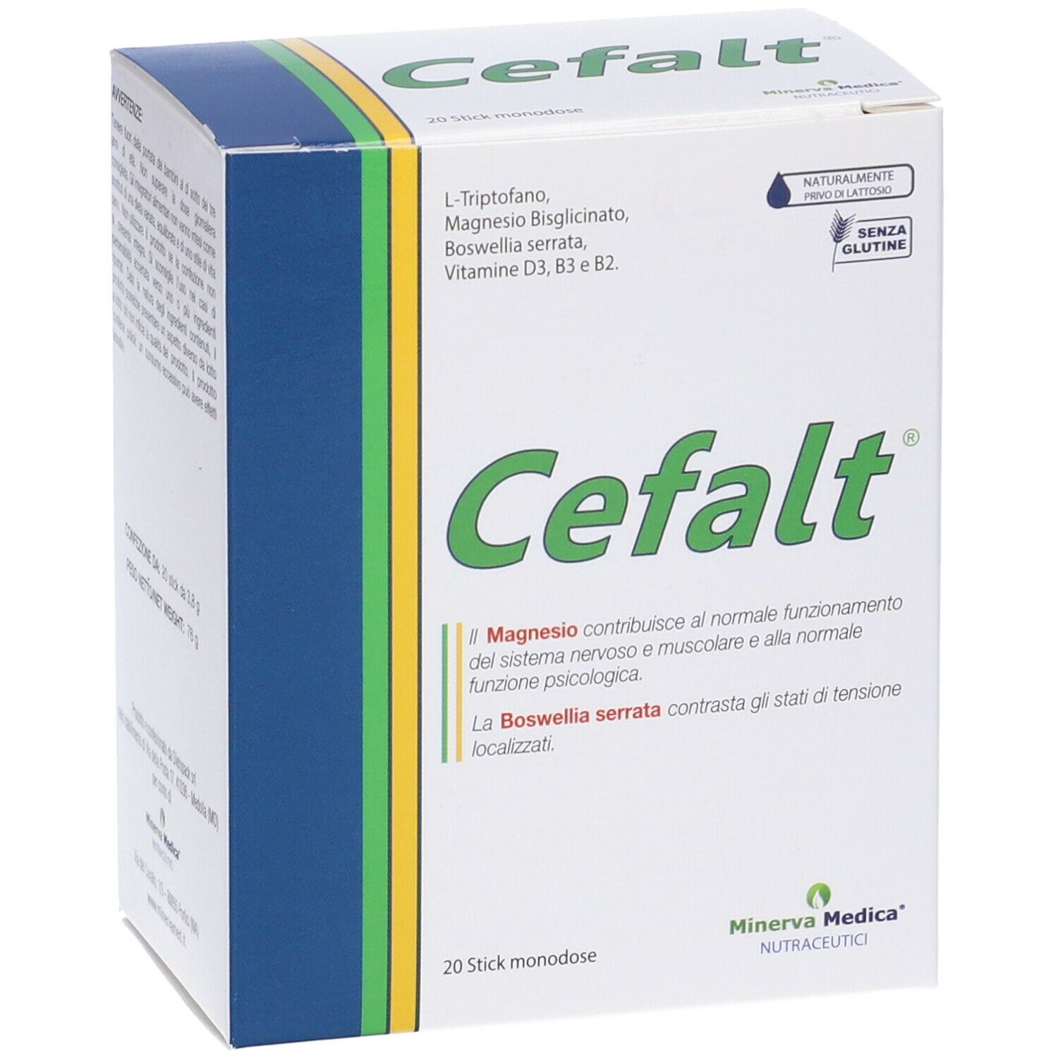 Scatola "Cefalt" con logo e ingredienti. Contiene 20 stick. Marca: Minerva Medica Nutraceutica.
