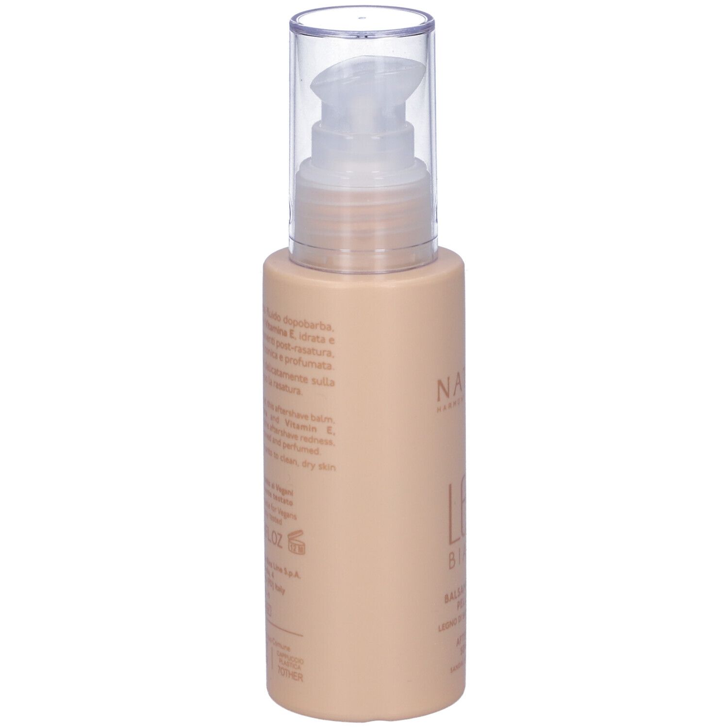 Flacone beige con pompa. Scritta: Legni Bianchi, Balsamo Dopobarba. Marchio: Nature's.