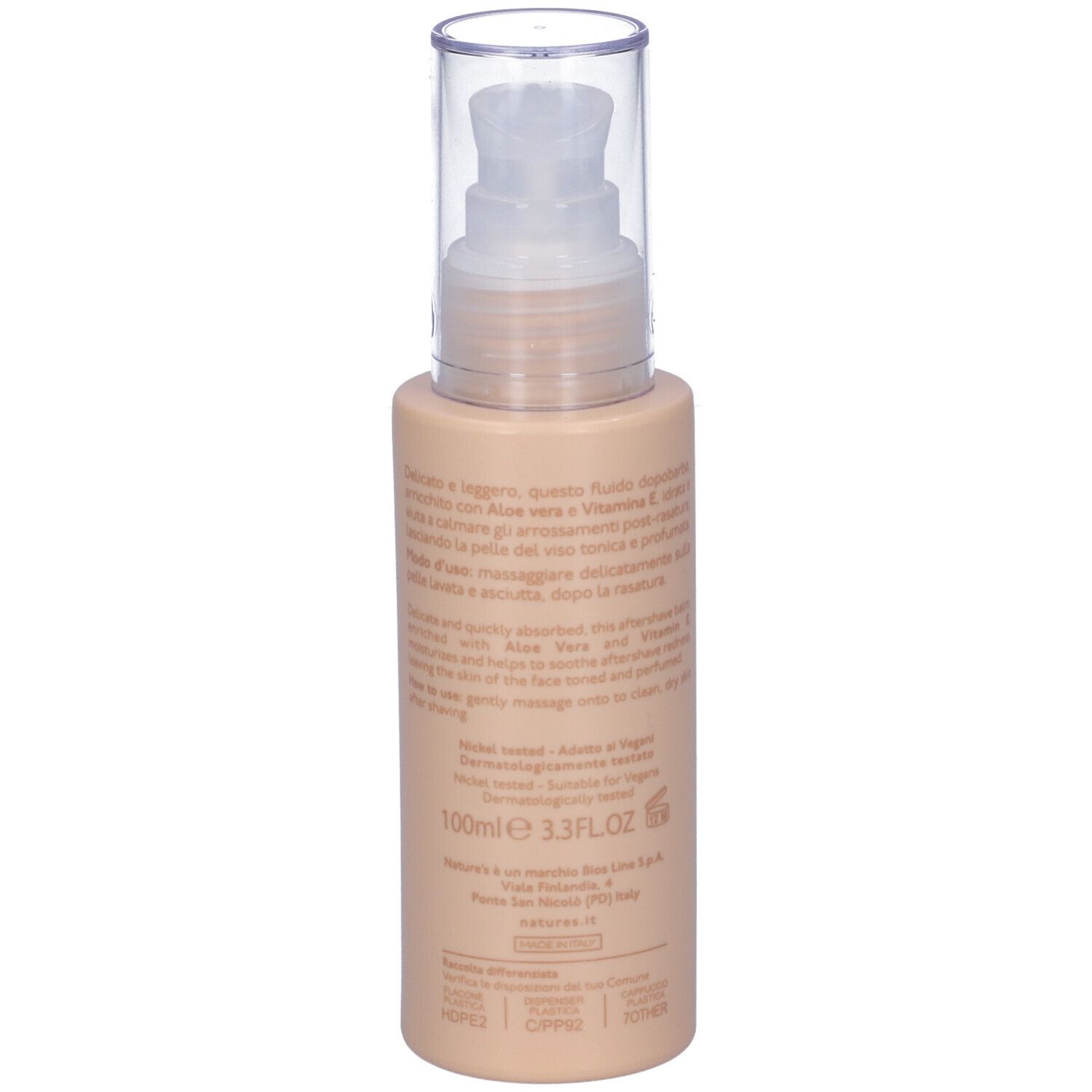 Flacone beige con pompa. Scritta: Legni Bianchi, Balsamo Dopobarba. Marchio: Nature's.