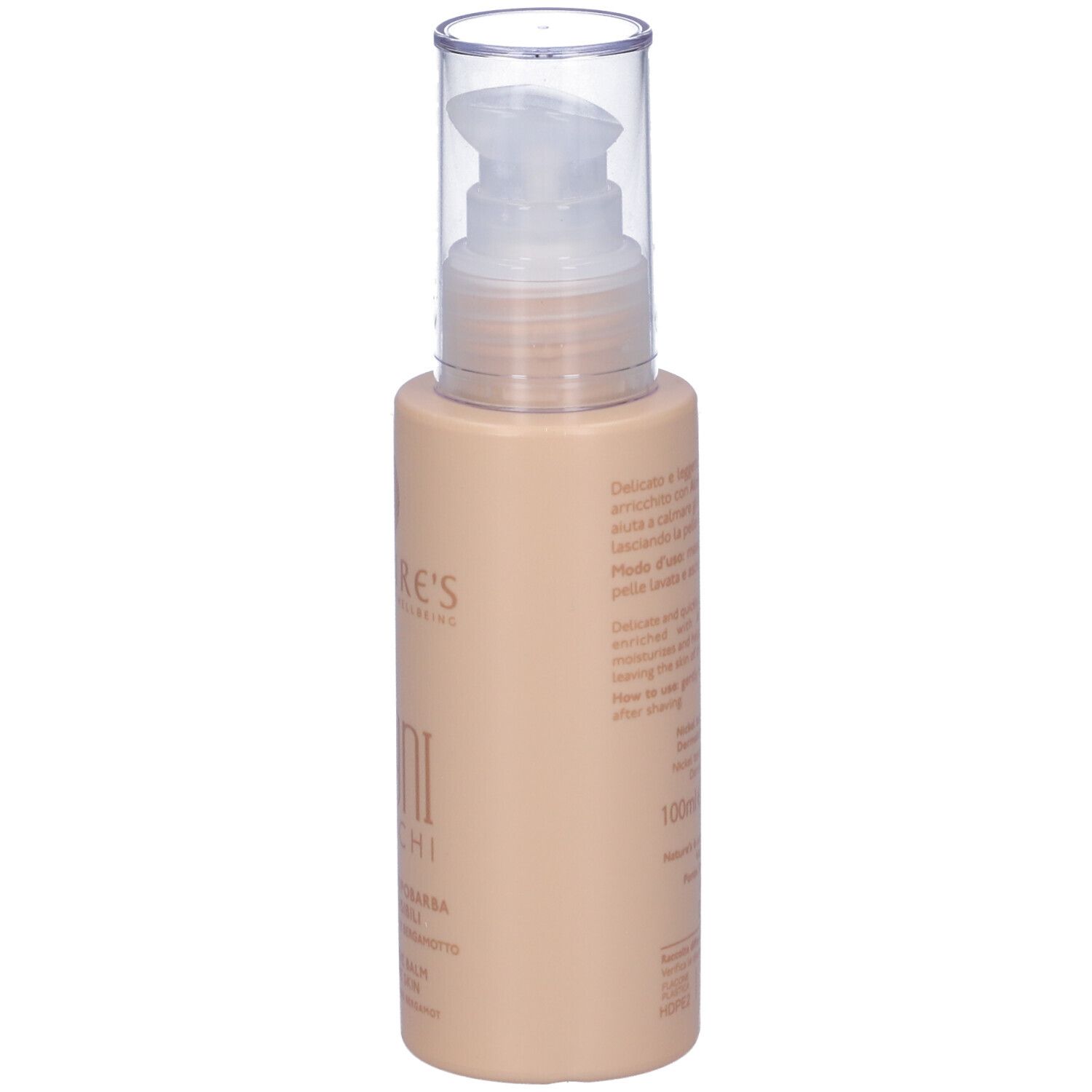 Flacone beige con pompa. Scritta: Legni Bianchi, Balsamo Dopobarba. Marchio: Nature's.