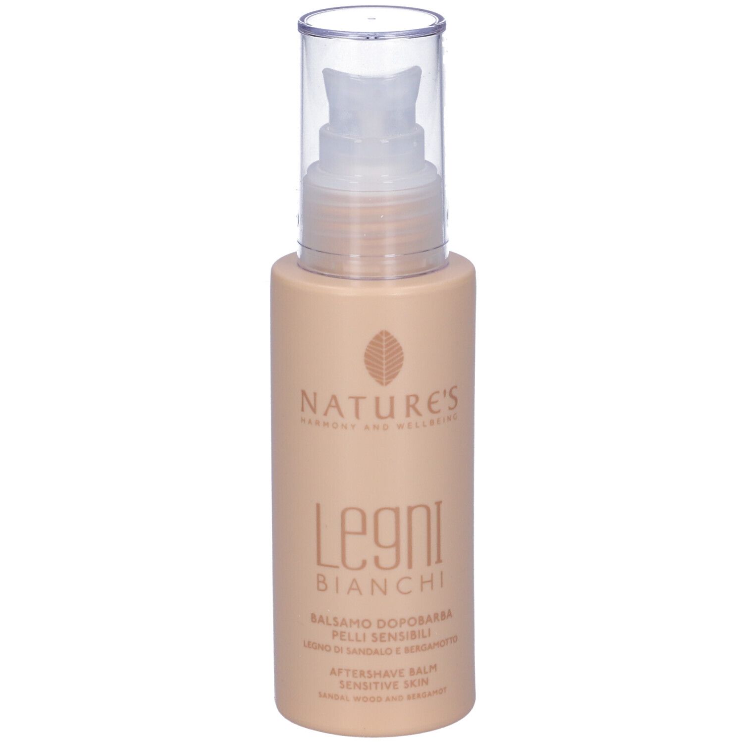 Flacone beige con pompa. Scritta: Legni Bianchi, Balsamo Dopobarba. Marchio: Nature's.